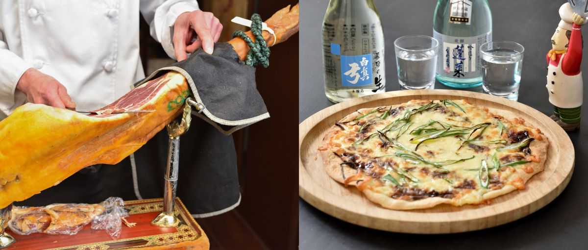 （左）「イベリコ・セボの切りたて生ハム」1690円、（右）「ネギ味噌ピザ」1000円